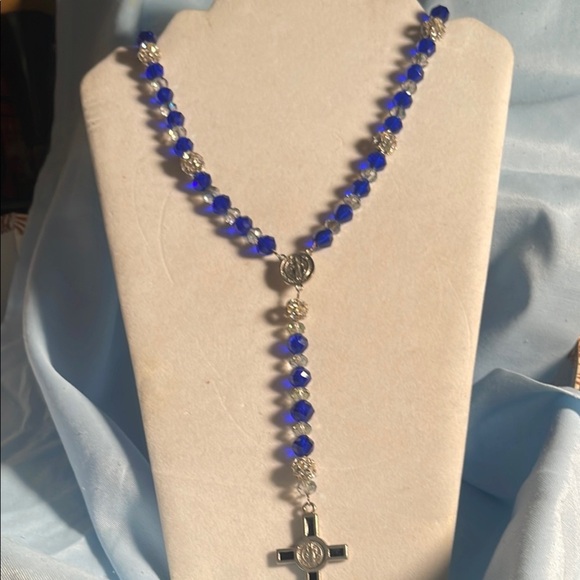 Blue and Silver Rosary Necklace with Cross Pendant - Picture 1 of 5